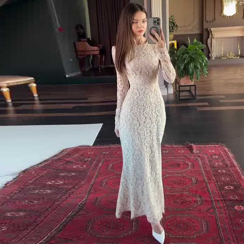 2025 Autumn New Women's Dress, Elegant Lace Waist-Cinching White Long Sleeve Dress for Amazon Cross-Border E-Commerce