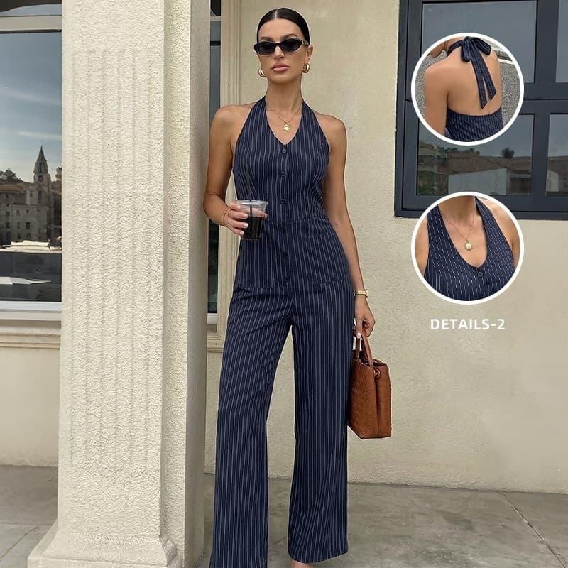 TikTok2026 new summer style light and mature commuting style jumpsuits navy blue striped halterneck backless jumpsuits