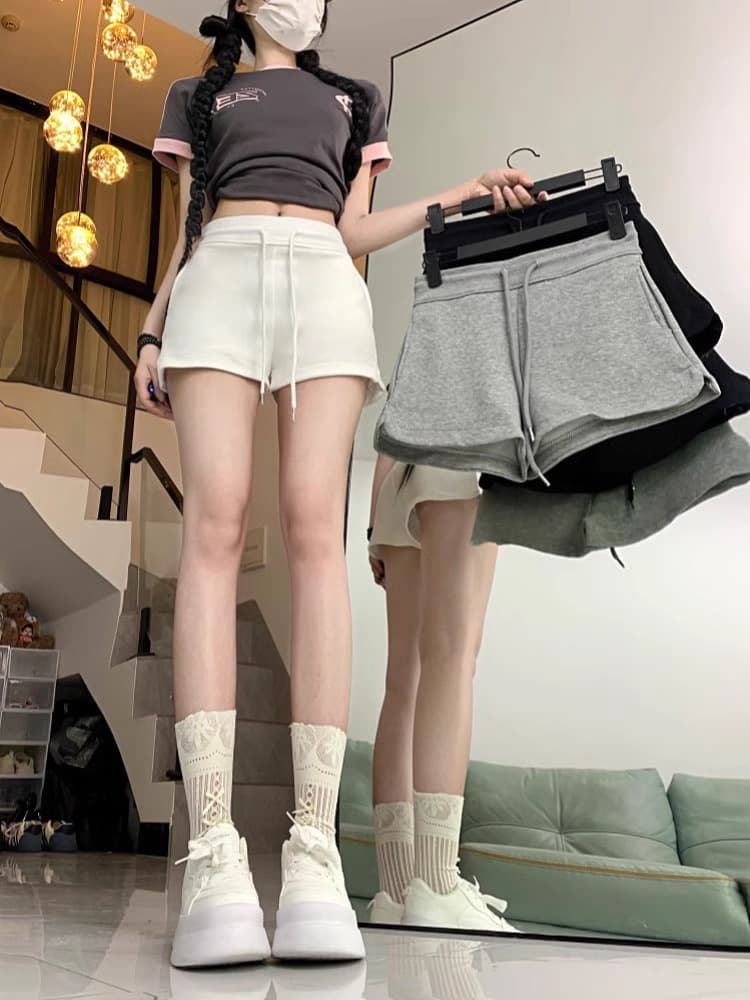 American Style Spicy Girl Grey Sports Shorts Women's Summer Versatile High Waist Slimming Strap Small Casual Pants