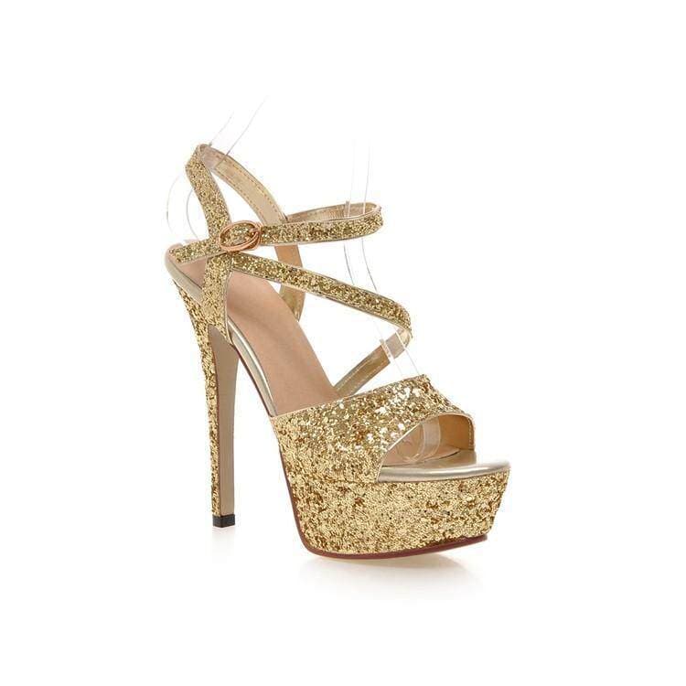 Sequin Thin Heel Sandals with Platform, Plus Size Performance Bride Wedding Shoes, Thick Ultra-High Heel Peep-Toe Shoes for Women with One-Strap Buckle