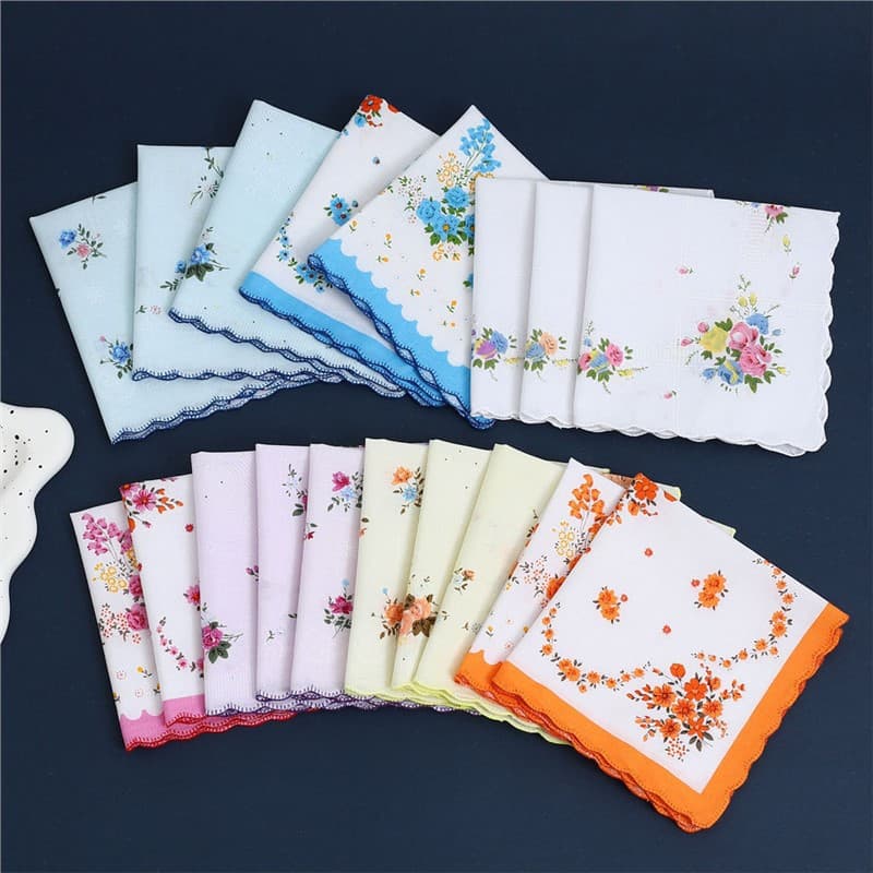 30cm Pure Cotton Women's Scalloped Edge Floral Small Handkerchiefs, Vintage Nostalgic Printed Cotton Thin Scarves and Towels