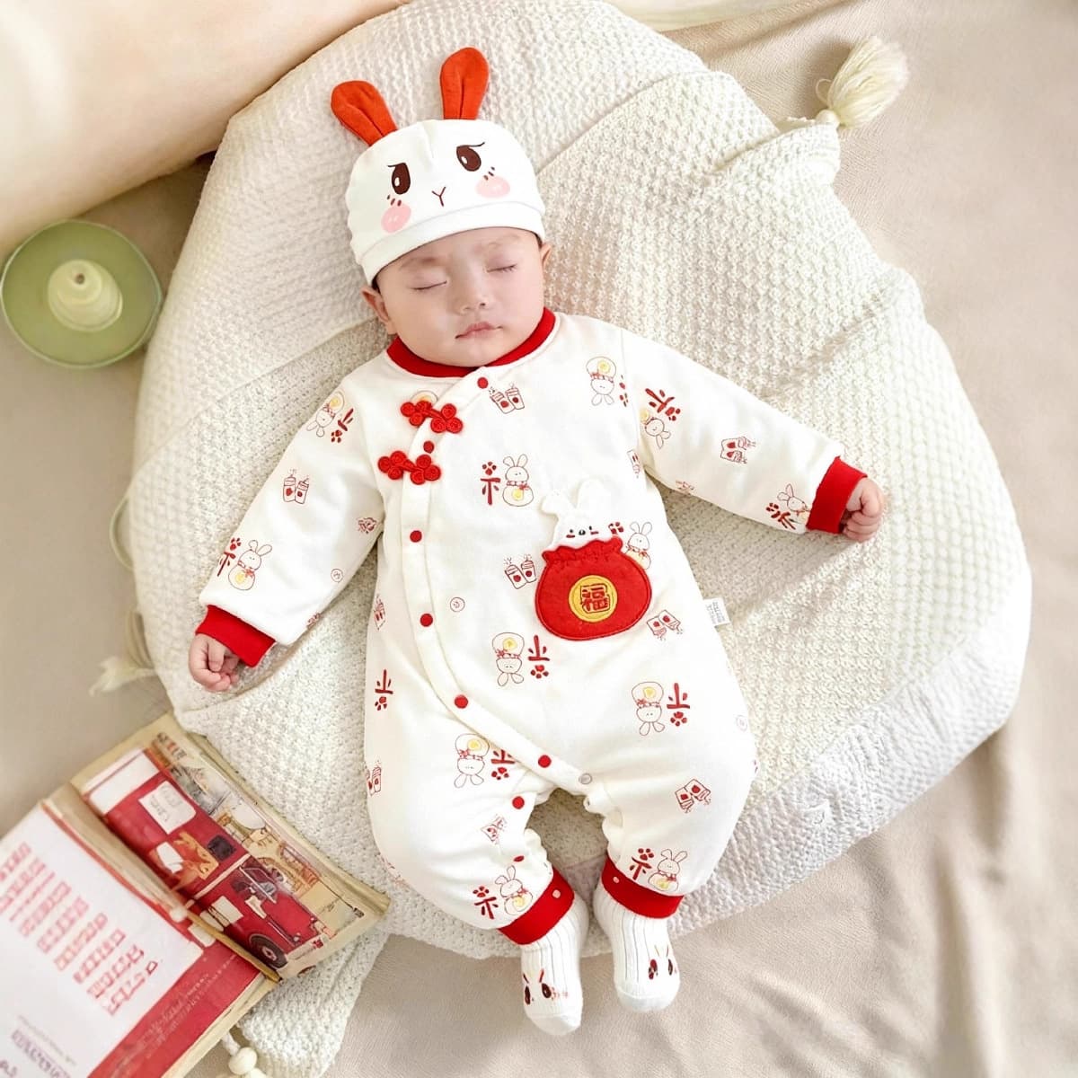 Baby New Year Onesie Class A Thin Cotton New Year Kids Clothes Quilted Red Festive 0 to 3 Months 100 Days First Birthday Outfit