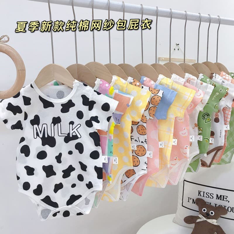 New summer cotton mesh short-sleeve bodysuit for baby boys and girls, breathable summer baby onesie