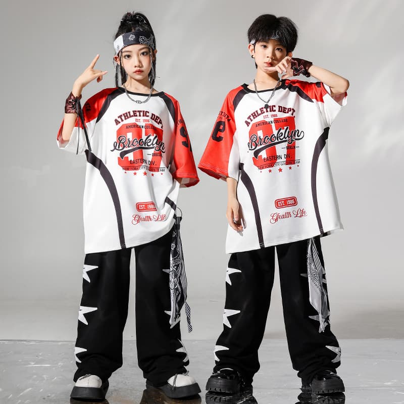 Kids Hip Hop Streetwear Cool Boy Black and White 97 Hip Hop Set Stage Performance Outfit for Boys and Girls Summer