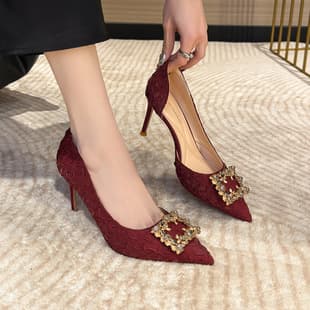 Side Cut Satin Stiletto Heel Red Wedding High Heels for Qixi Festival, Spring/Summer Pointed Toe Women's Shoes, Luxury Premium Style to Match Dresses
