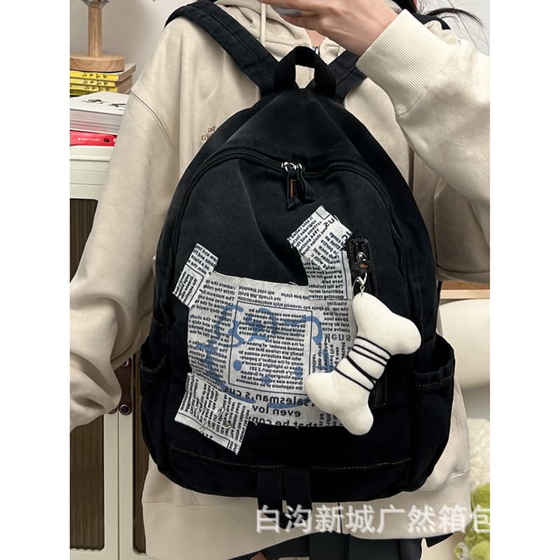 Summer new style letter collage gradient black denim backpack cute dirty bones large capacity campus school bag