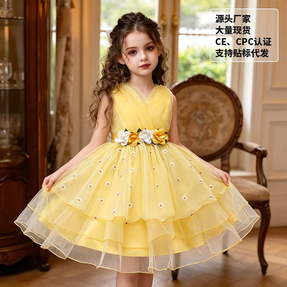 Princess Dress Children's Performance Outfit Yellow Floral Skirt Sleeveless Fairy Tale Gown for Girls Kids Fashion Show Costume