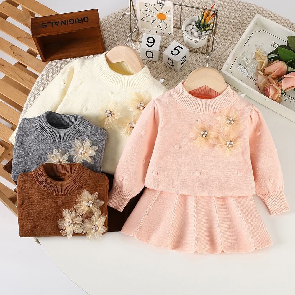 Children's Sweater Set Autumn Winter New Style Baby Girl Three Flowers Round Neck Knit Skirt Set Korean Cute Sweater Top