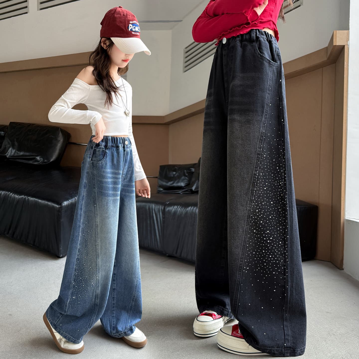 Girls' Jeans 2026 New Spring/Autumn Teen Children's Pants Girls Wide Leg Pants Middle and Older Kids Spring Clothing Rhinestone
