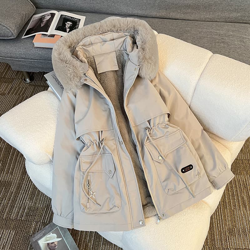 Women's Winter Thickened Faux Fur Jacket Cotton Parka Coat with Hood Removable Fur Collar Street Style Trend