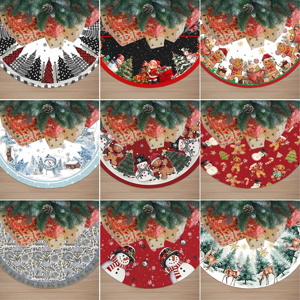 2026 New Christmas Tree Skirt with Plaid Snowflake Snowman Pattern, Exquisite Printed Tree Mat