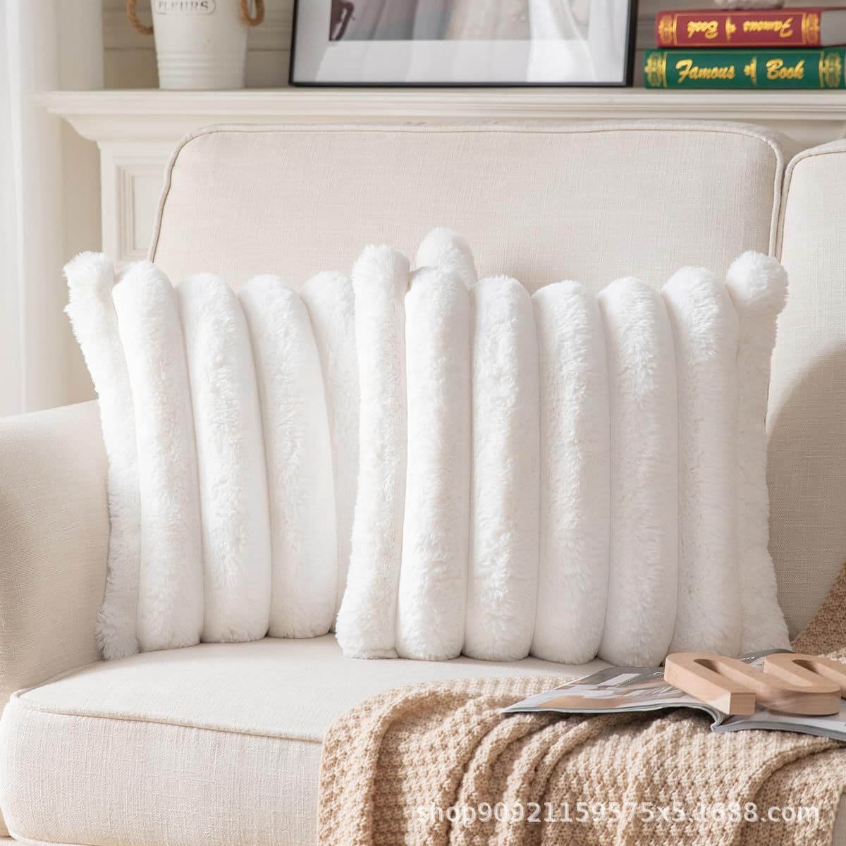 Cross-border hot selling pillow cover rabbit fur ins style plain vertical striped pillow cover Nordic rectangular cushion cover