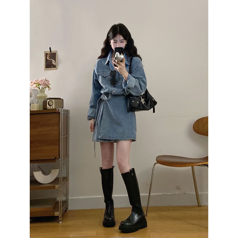 Actual Photo ~ S-4XL Casual Free Spirit Retro Hong Kong Style Turn-down Collar Washed Denim Dress with Elegant Waist Cinching