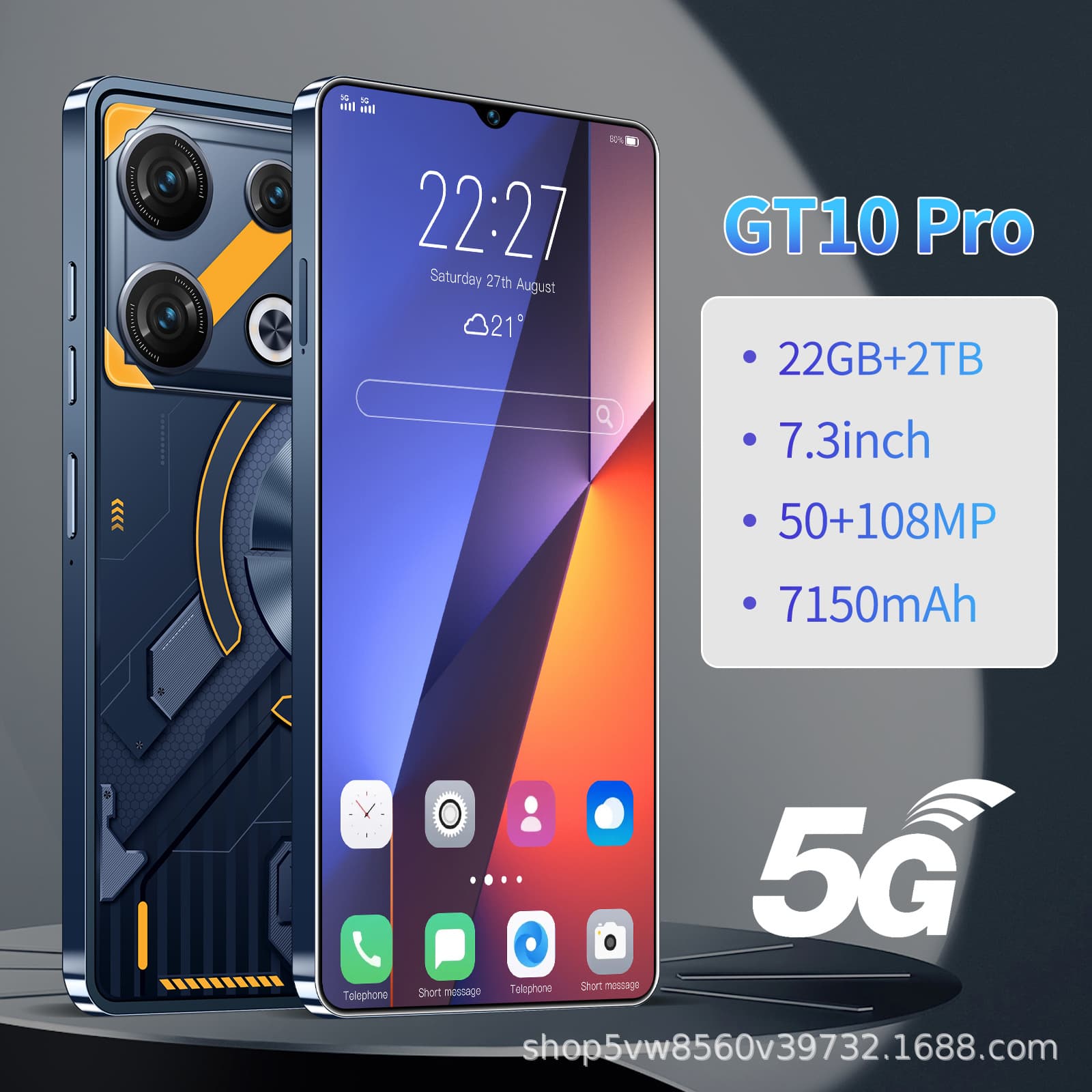 New GT10 Pro Smartphone Dual SIM Dual Standby 22+2TB Android Large Screen High Resolution Camera Long Battery Life