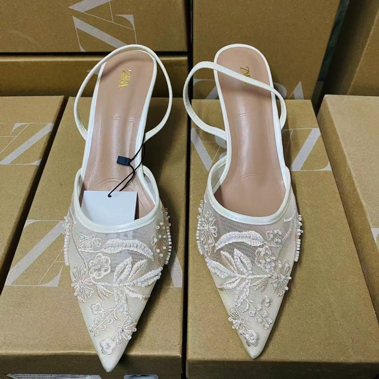 ZAR 2024 Fall New Arrival Pointed Toe Closed Toe Backless Solid Color Embroidered Mesh Stiletto Heel Mules
