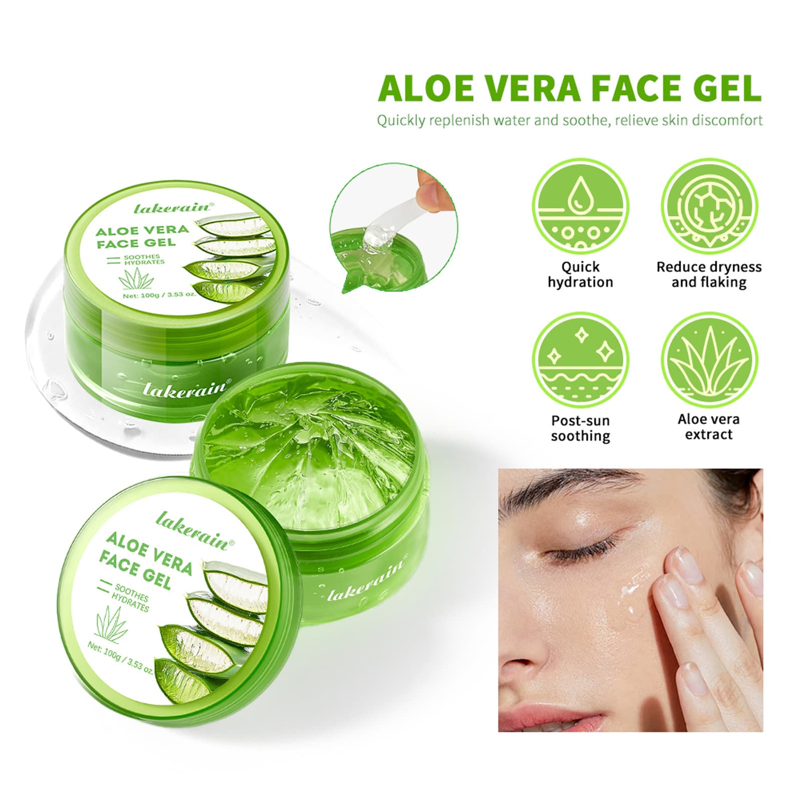 Cross-border lakerain Aloe Vera Gel & Aloe Water Facial Skincare, Moisturizing, Soothing, Non-Irritating, Wholesale for Export