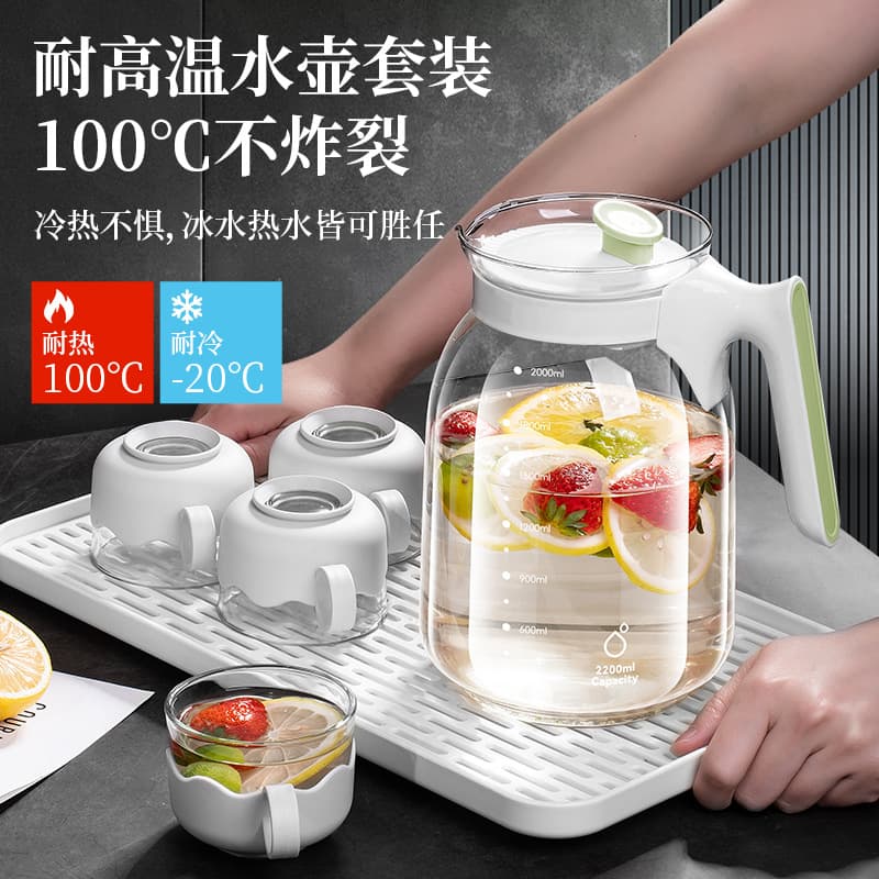 Premium Glass Water Pitcher, High-Temperature Resistant, Large Capacity Cold Brew Pitcher with Cup Set