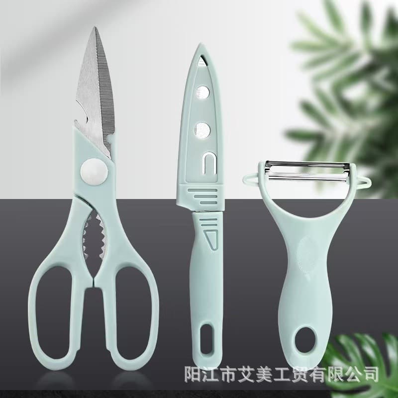 In stock, stainless steel fruit knife, kitchen scissors, peeler, small cutting board set, portable knife, scissors, peeler, and cutting board combination.