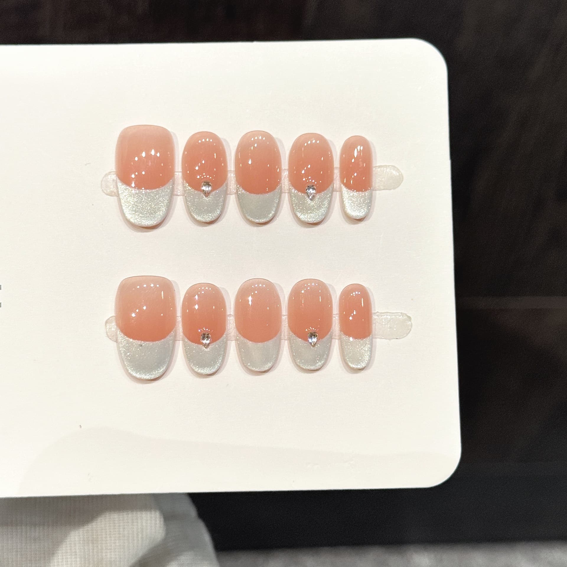 Taiwu [Fine Sparkle Galaxy] Nude Pink Cat Eye Fine Sparkle French Diamond-Embellished Nail Tips, Handmade Wearable Nails