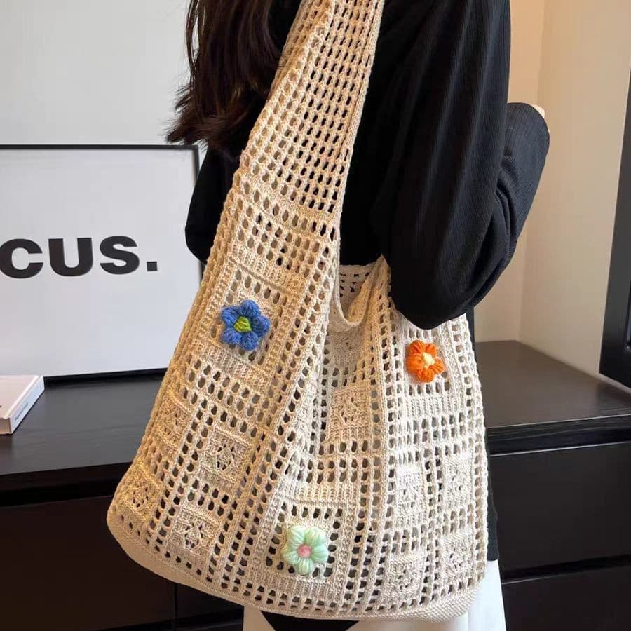 Vintage Hollow-Out Yarn Handheld Fresh Knit Bag Women's Bag Shoulder Bag Artistic Ins Style Bag Hand-Embroidered Apricot