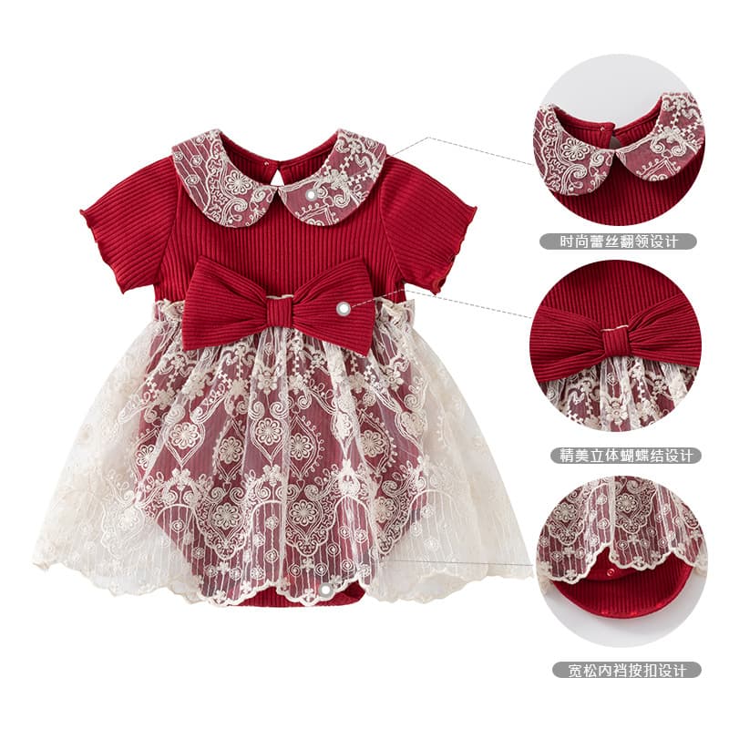 Baby Romper Summer Outfit Red Princess Mesh Summer Dress for 100 Days Celebration