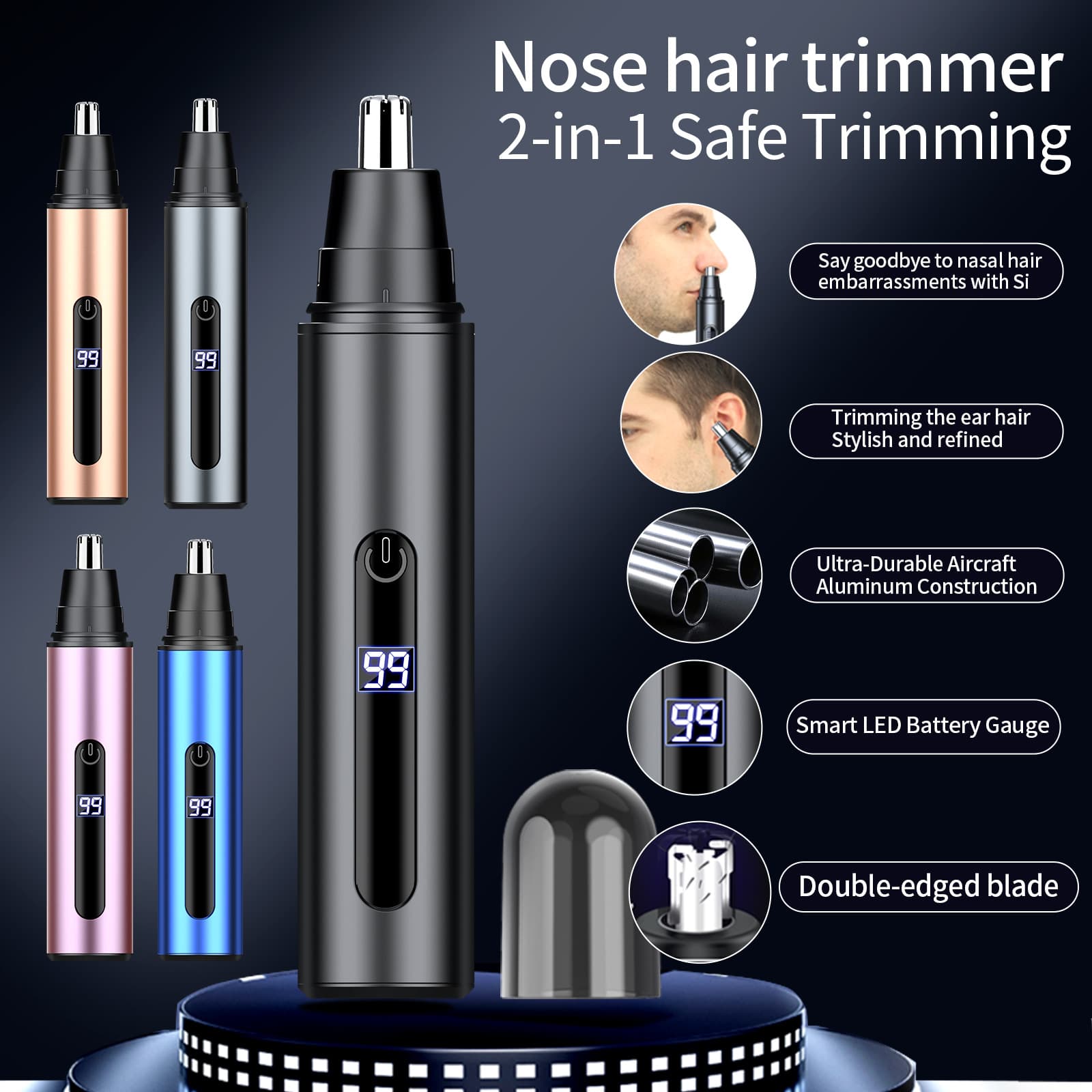 Cross-Border Supply New Nose Hair Trimmer Digital Display Charging Nostril Shaver Aluminum Alloy A12
