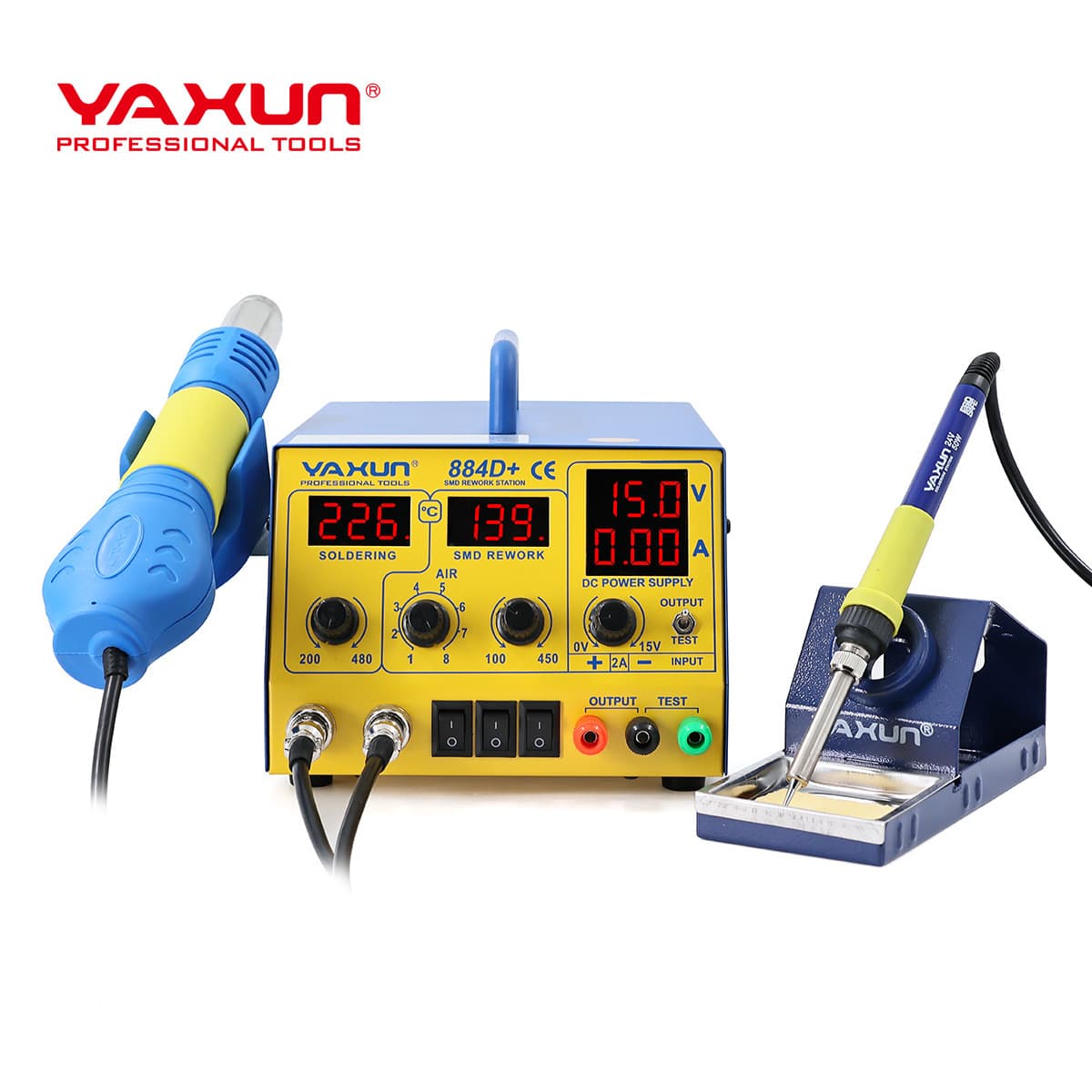 YAXUN 884D+ Desoldering Station Digital Temperature Control 15V 2A Regulated Power Supply Hot Air Gun Soldering Iron Multifunctional Soldering Station