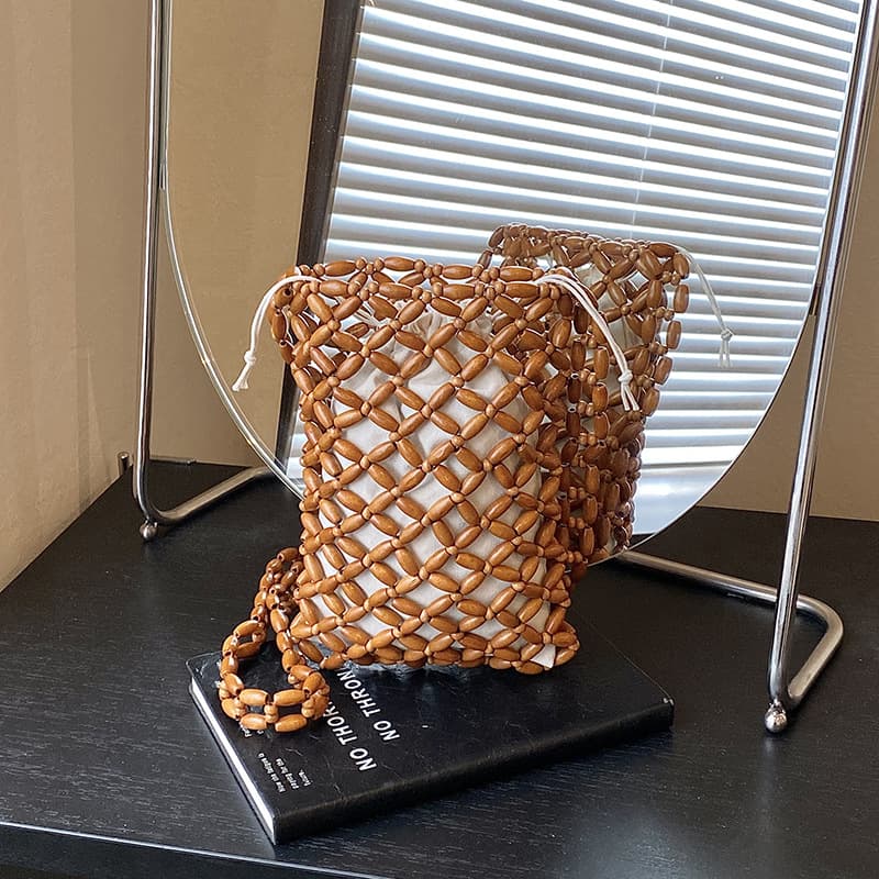Retro Wooden Bead Hand-Woven Hollow-Out Bag 2026 Summer New Style Shoulder Bag for Commuting and Vacation Beaded Handbag for Women