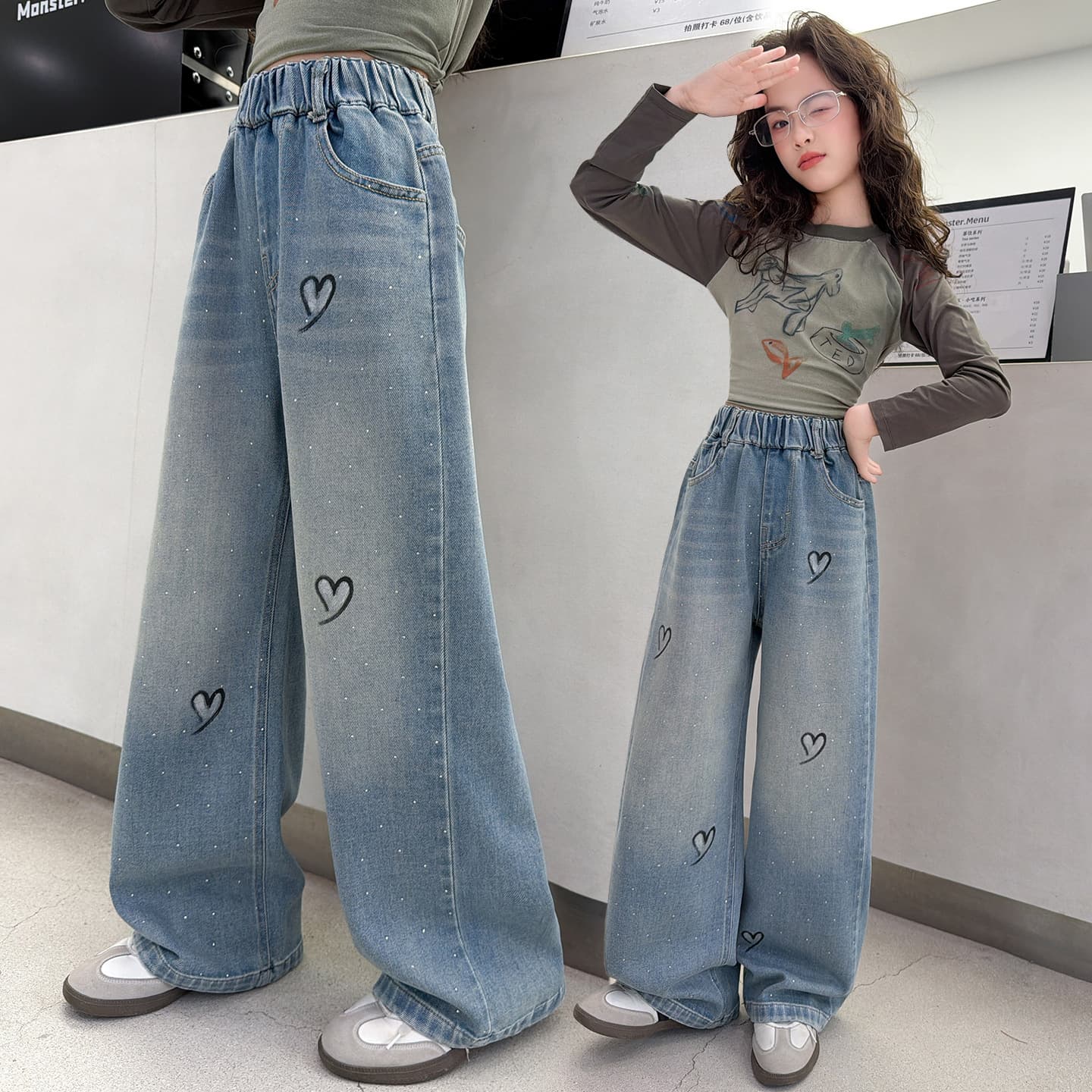 Girls' Jeans Spring New Fashionable Korean Style Loose Straight Wide Leg Pants for Older Children