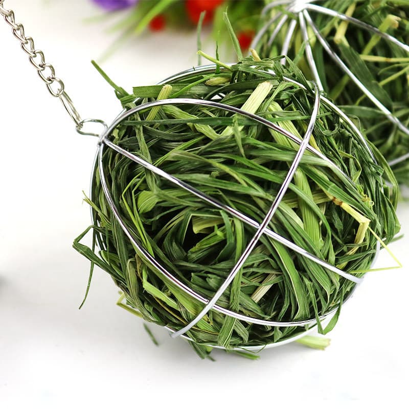 Hay balls for rabbits, hanging feeding racks, guinea pigs, chinchillas, rabbits, small animals, hay balls, and food bowls.