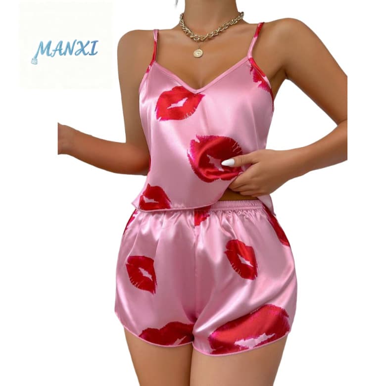 Cross-border Europe and America Printed Camisole Lingerie Fashion Thin Sleepwear Women Summer Sexy Homewear Set Wholesale