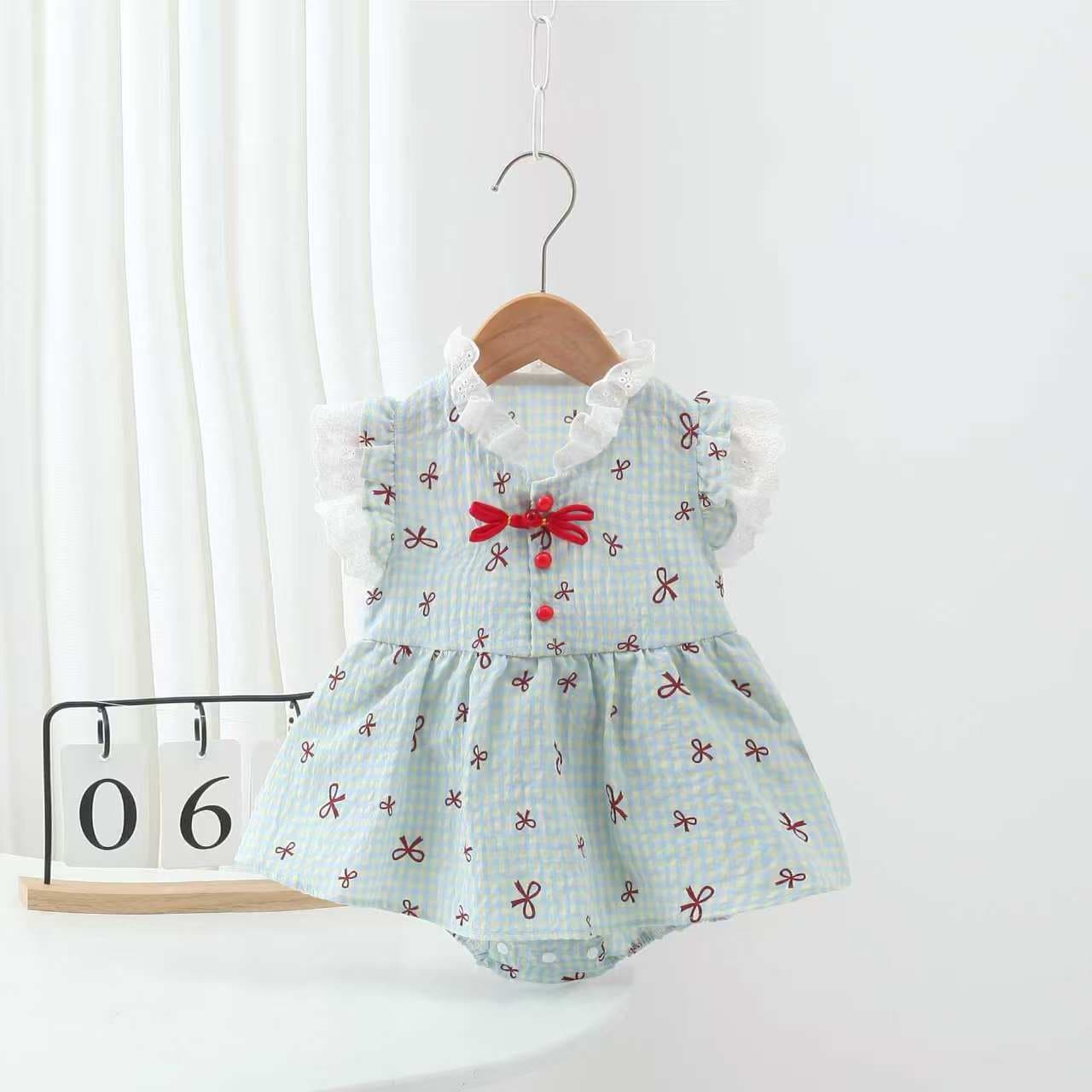 Girls summer new style sleeveless plaid harem girl baby flying sleeves sweet and cute lace collar one-piece romper with butt skirt