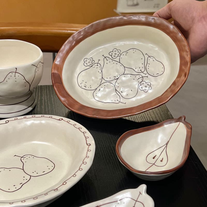 Four Seasons Simple Vintage Hand-Painted Underglaze Ceramic Dinnerware Set Home Use Stemmed Rice Bowl Pasta Plate Breakfast Bowl