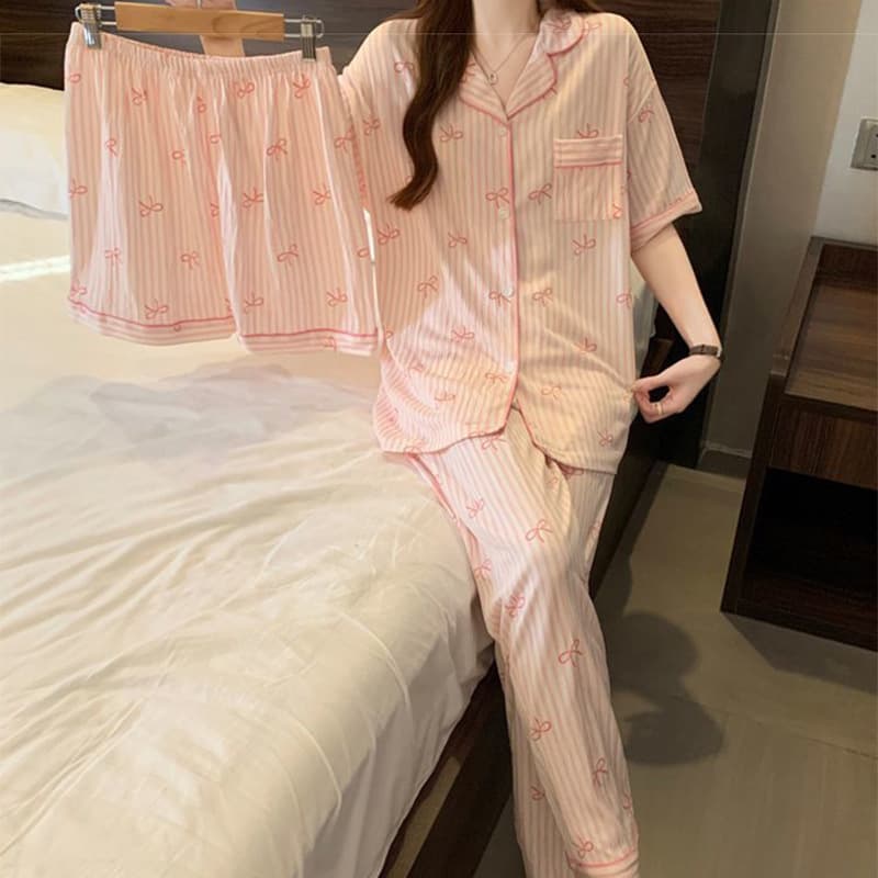 120G Cloud Cotton Pajamas Short Sleeve Three-Piece Set Loungewear Southeast Asia TK Cross-Border Trade Order Wholesale