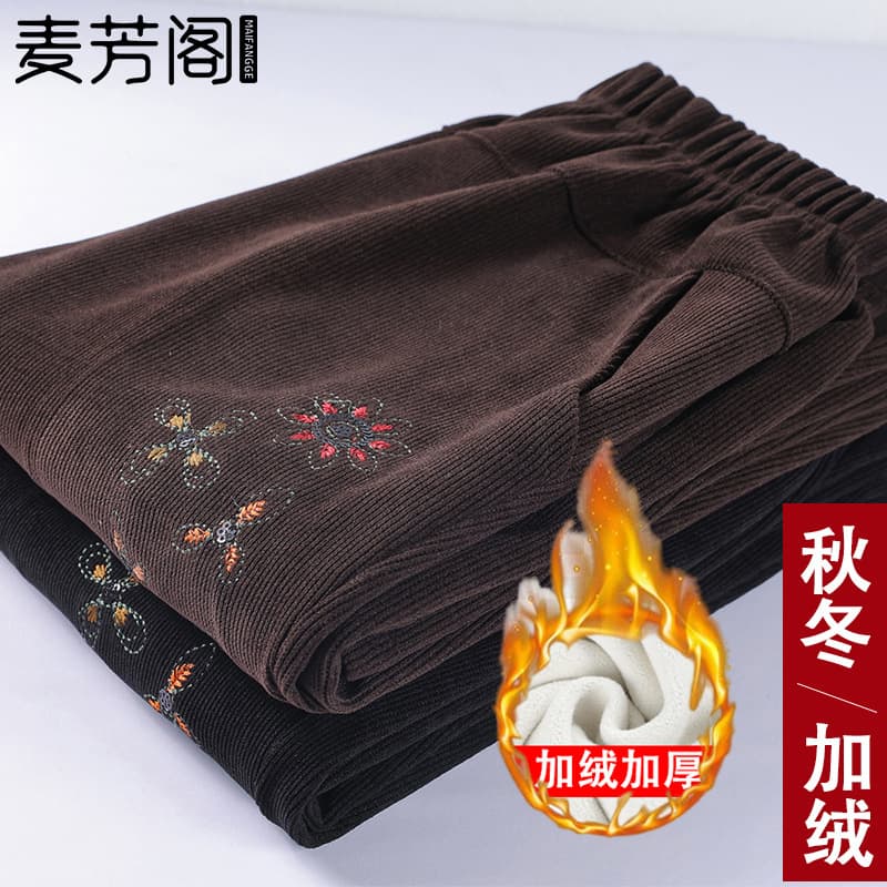 Mom Corduroy Pants, Winter Fleece-Lined Thick Trousers for Middle-Aged and Elderly Women, Autumn/Winter Plus-Size Grandma Casual Long Pants