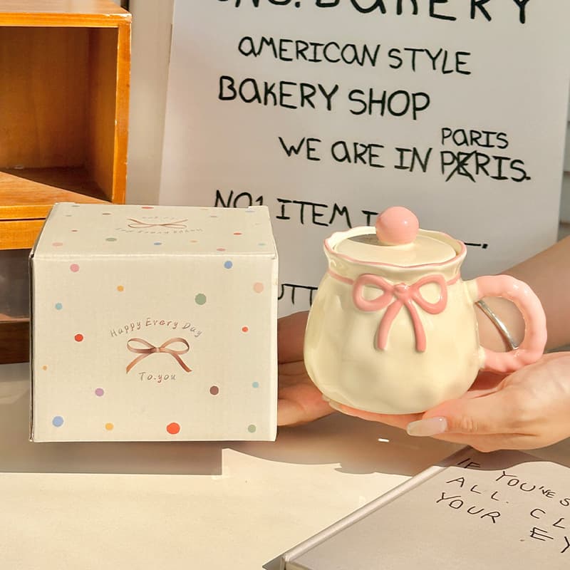 Girl's Heart Birthday Gift High Appearance Cute Bow Ceramic Mug Practical Souvenir Gift Box Set