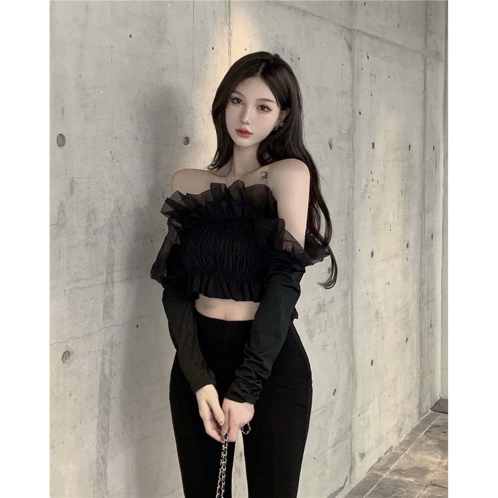 One-shoulder puff-sleeved mesh shirt for women, short, slim-fitting, ruffled pleated long-sleeved shirt, autumn black top