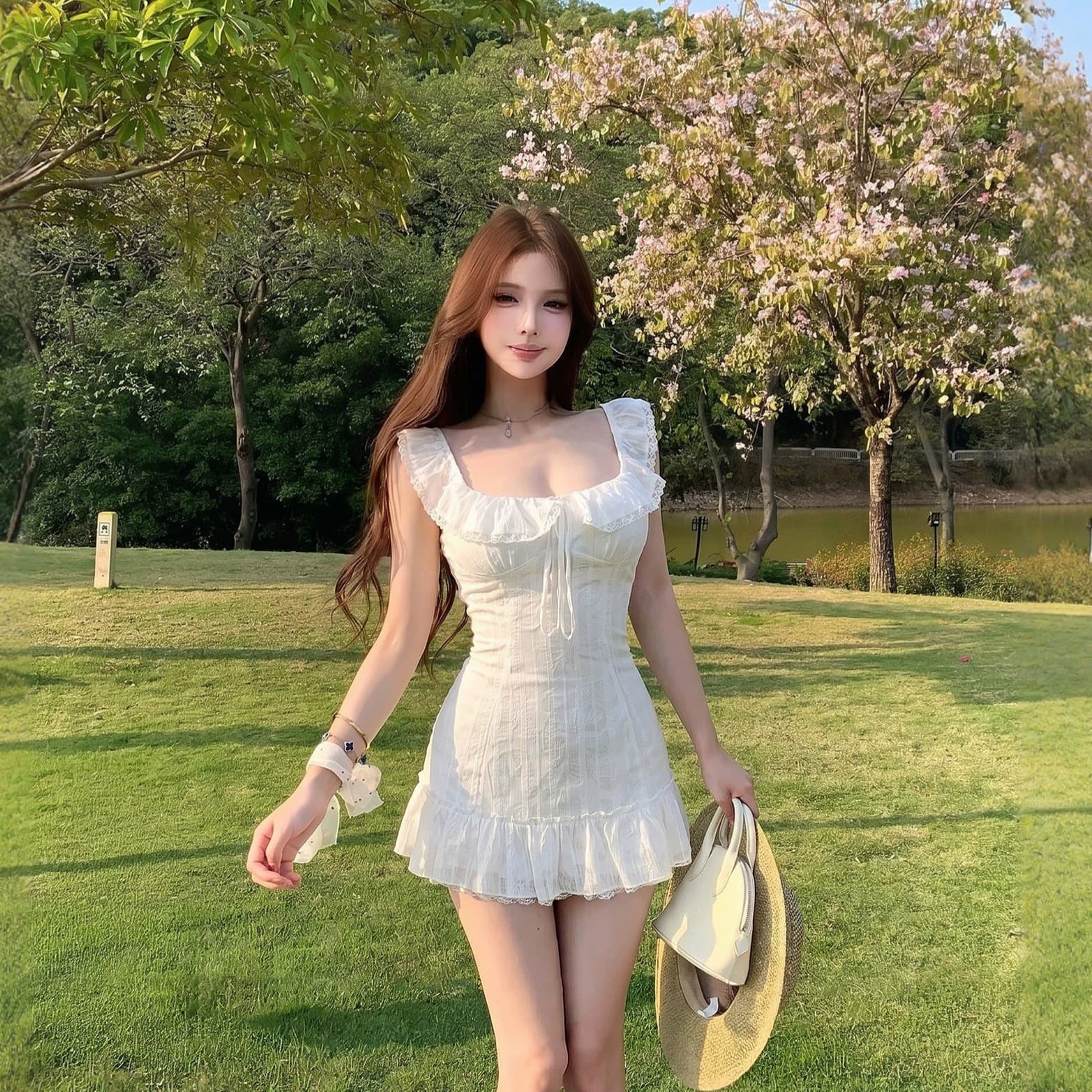 White Mini Cap Sleeve Dress First Love Style Waist Cinching Ruffled Dress Women's Summer French Short Dress