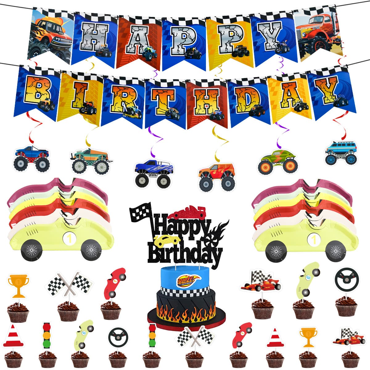 Race Car Theme Birthday Party Banner, Car Paper Plates, Spiral Cake Toppers, and Decoration Set
