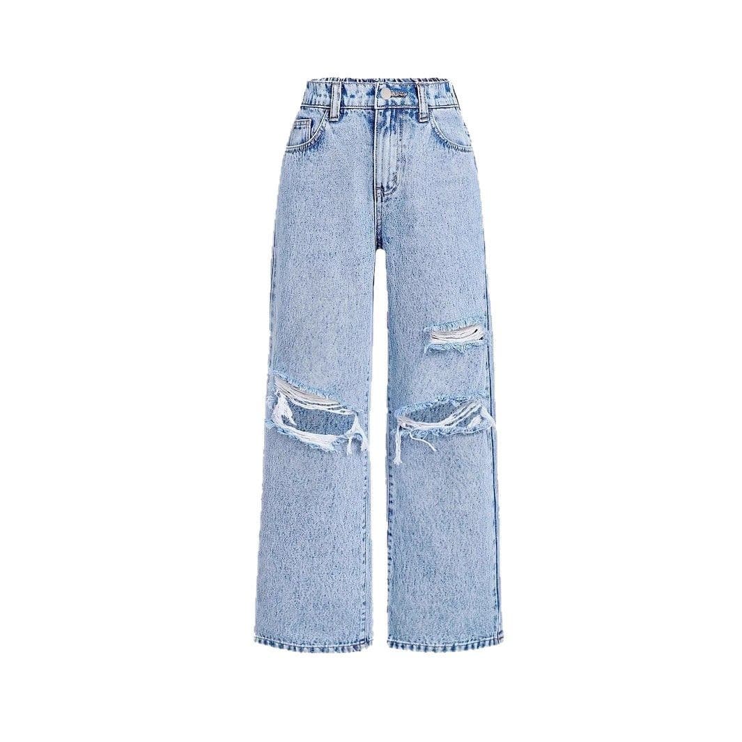 Cross-border supply for Amazon Wish independent sites, middle and older girls loose ripped design wide-leg pants, in stock
