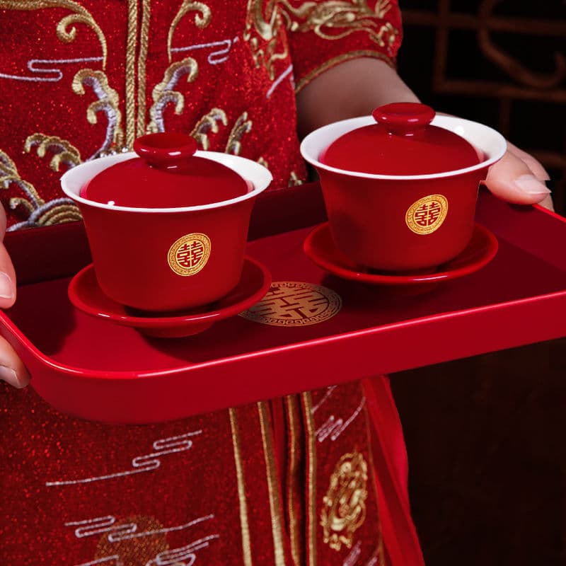 Wholesale Bride's Tea Ceremony Set Including a Pair of Cups and Joyous Bowls, Complete Wedding Tableware