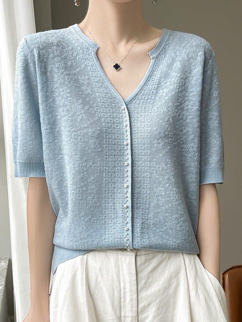 Tencel Lyocell knitted short-sleeved women's V-neck three-dimensional crochet beading age-reducing loose half-sleeved bottoming summer hollow T-shirt