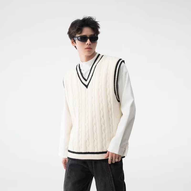 American trendy brand retro V-neck college style knitwear vest men's autumn and winter twist color block couple sleeveless vest