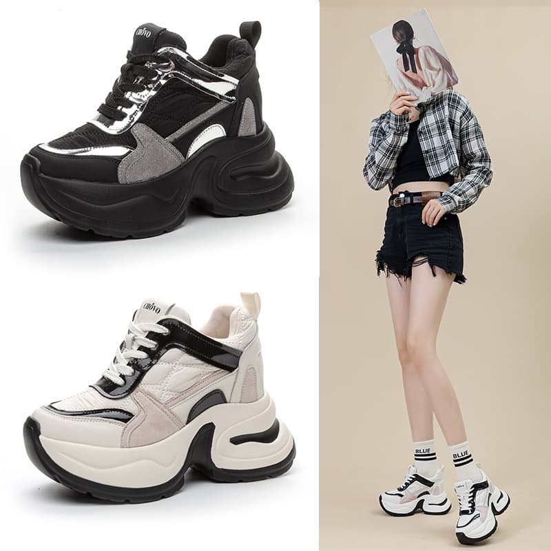 In Stock 10cm Height Increase Chunky Sneakers Women 2024 Autumn New Sequins Thick Sole Height Increase Shoes Women