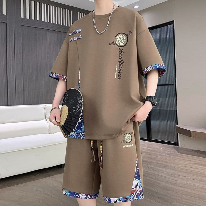 New Chinese Style Short Sleeve T-Shirt Men Summer Seven Sleeve Casual Sport Set Men Wear with Shorts One Set