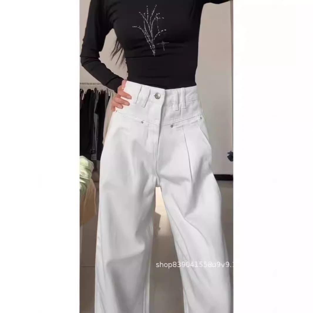 White Jeans Women Autumn Pleated High Waist Drape Straight Leg Pants Floor-Length Pants Casual Wide Leg Pants Tall Women Pants