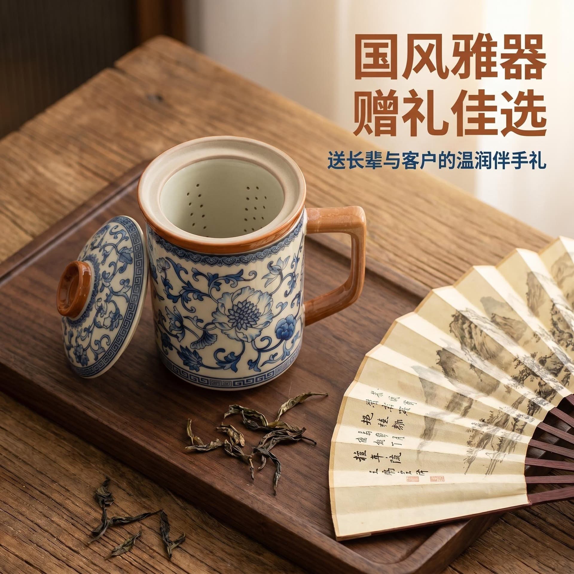 Ceramic Lotus Scroll Filter Mug 3-Piece Set, Tea-Water Separation Personal Office Tea Cup, Business Gift