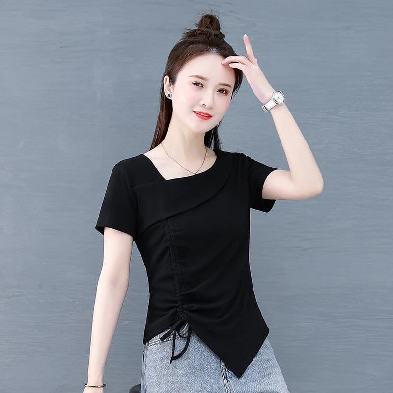 New spring and autumn irregular lace up pleated 2026 niche long-sleeved T-shirt women's chic slanted collar clothing design