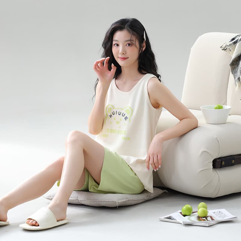 Women's Pure Cotton Pajamas, Summer Vest and Shorts Set, Korean Style Casual Round Neck Loungewear, Simple Sleeveless Outfit for Girls