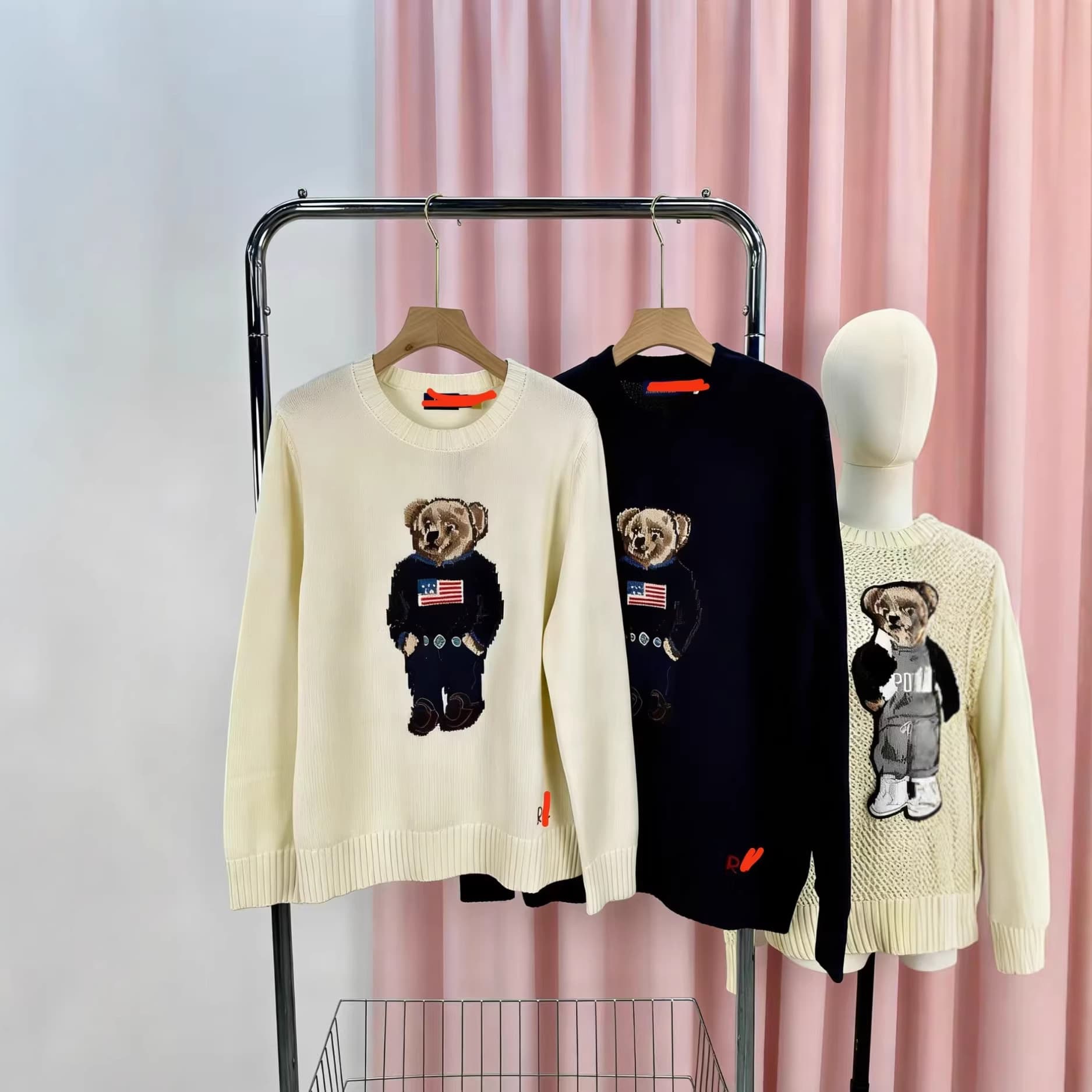 Cross-border High Quality Little Horse Label Scannable R-L Pure Cotton Heavy Craft Cartoon Trendy Bear Autumn Winter Sweater Women